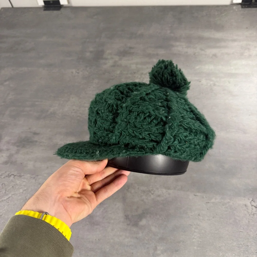 Vintage 70s Kmart Newsboy Cap Trucker Forest Green Cable Knit Pom Pom Beanie Hat - Picture 3 of 6